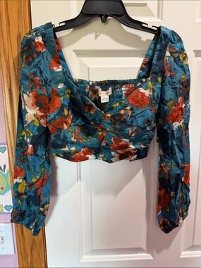 Teal Floral Long-Sleeve Cropped Blouse
